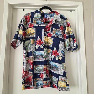 RJC Hawaiian Shirt Men's L Woody Wagon Car  Aloha Floral Tropical USA Vintage